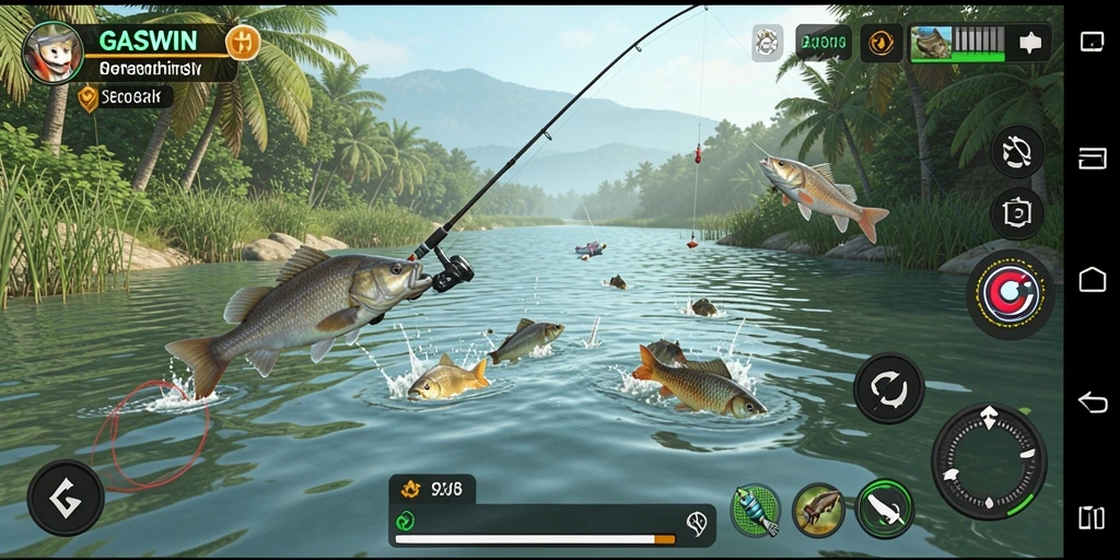 Screenshot GASWIN menunjukkan pemain sedang memancing di lokasi eksotis.