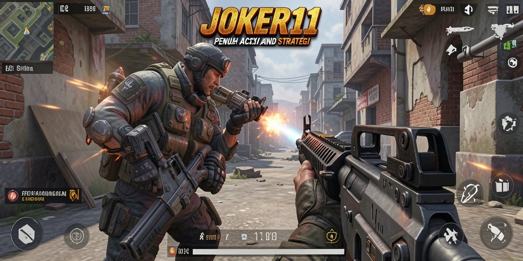 Screenshot utama JOKER11 menampilkan aksi tembak-menembak yang seru.