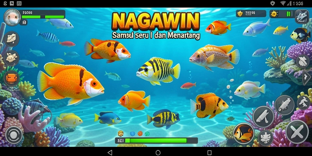 Tampilan gameplay NAGAWIN yang seru dengan berbagai ikan untuk ditangkap.