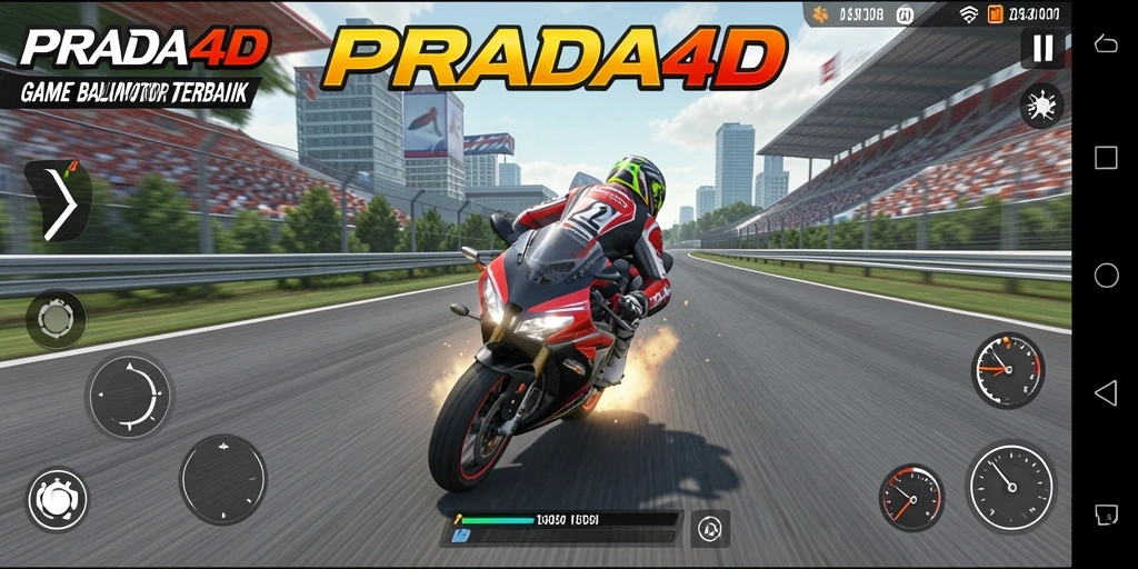 Screenshot gameplay PRADA4D menampilkan balapan seru dengan motor cepat.