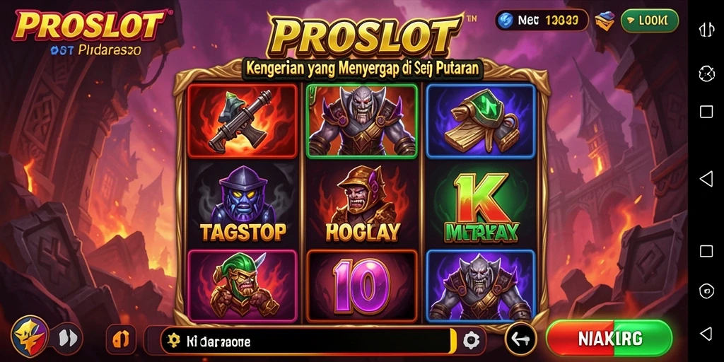 Screenshot gameplay menakutkan dari PROSLOT dengan suasana kelam dan makhluk menyeramkan.