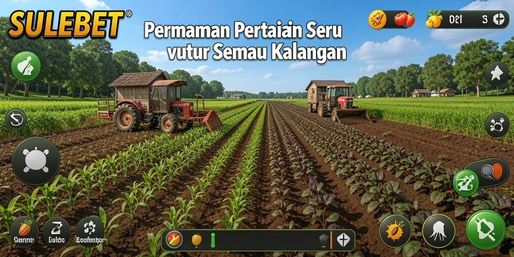 Tampilan utama gameplay SULEBET yang menggambarkan petani sedang bercocok tanam.