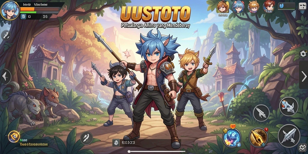 Tampilan utama UUSTOTO menunjukkan aksi pertarungan karakter Anime.