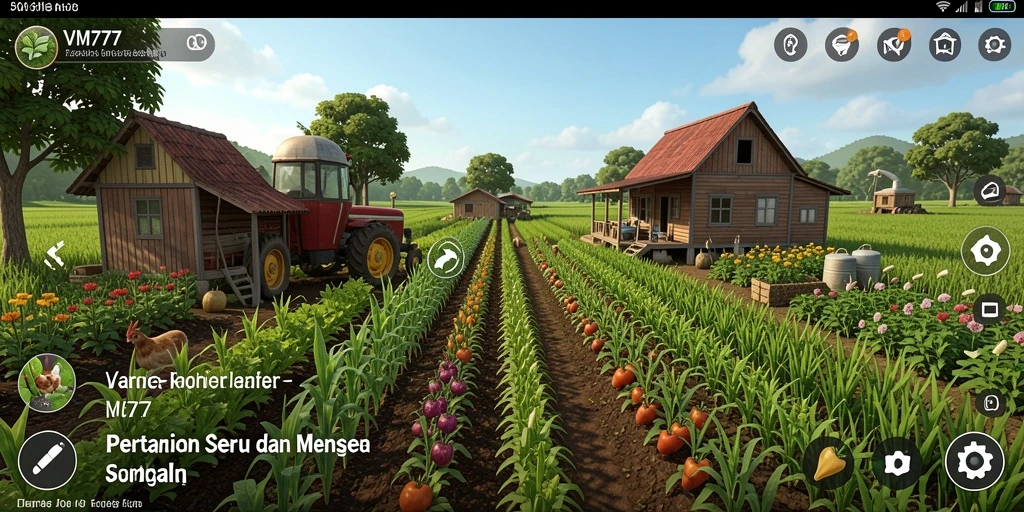 Tangkapan layar gameplay <strong>VM777</strong> menunjukkan suasana pertanian yang asri dan interaktif.